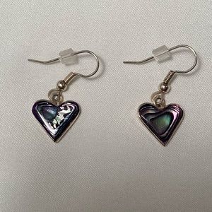 Silver heart abalone shell drop earrings